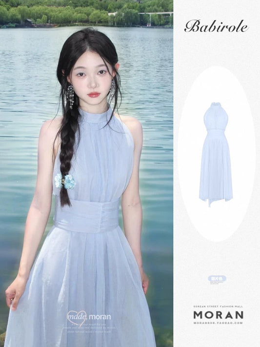 French blue sleeveless halter neck off-shoulder dress 2025 summer holiday temperament seaside petite long skirt