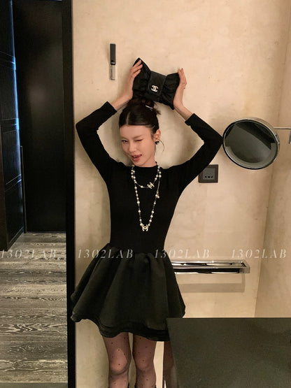 1302LAB Super versatile French little black dress temperament thousand gold knitted stretch dress puffy skirt jacket companion