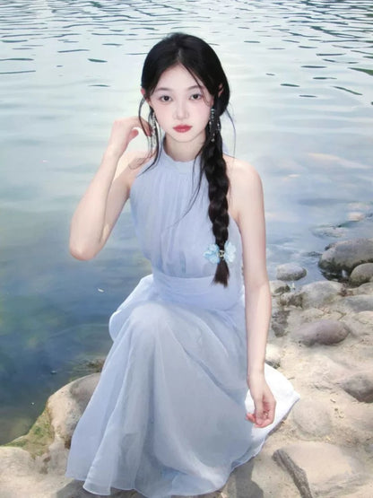French blue sleeveless halter neck off-shoulder dress 2025 summer holiday temperament seaside petite long skirt