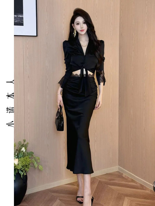 Xiaonuo's own v-neck short top suit high-waisted fishtail hip skirt Korean style temperament slim long-sleeved shirt 24399