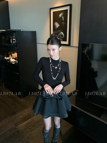 1302LAB Super versatile French little black dress temperament thousand gold knitted stretch dress puffy skirt jacket companion