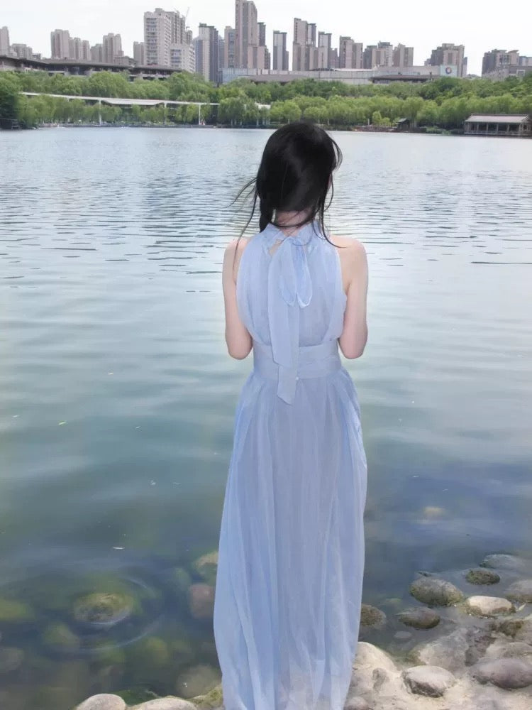 French blue sleeveless halter neck off-shoulder dress 2025 summer holiday temperament seaside petite long skirt