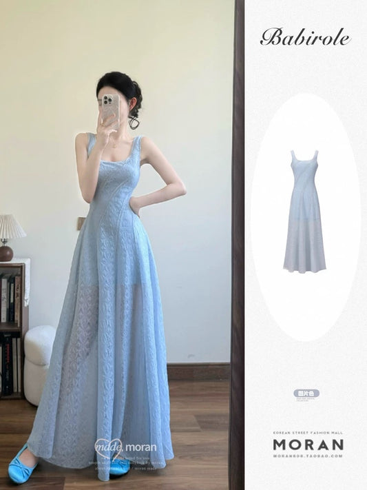 French style blue lace suspender dress female summer new style seaside holiday style unique beautiful long skirt