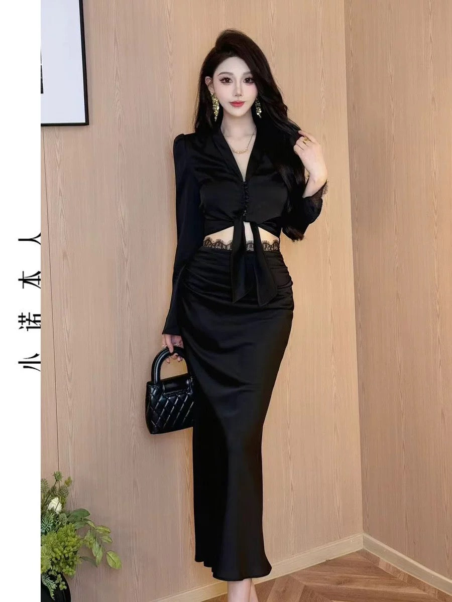 Xiaonuo's own v-neck short top suit high-waisted fishtail hip skirt Korean style temperament slim long-sleeved shirt 24399