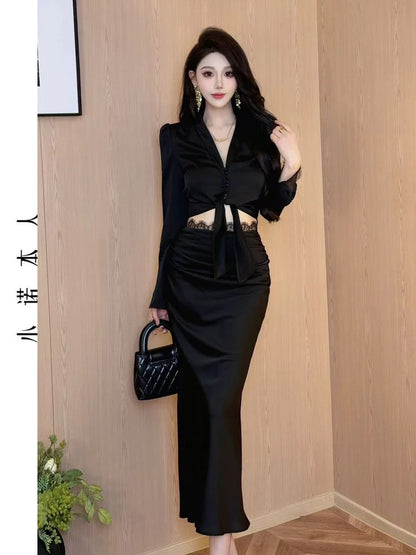 Xiaonuo's own v-neck short top suit high-waisted fishtail hip skirt Korean style temperament slim long-sleeved shirt 24399