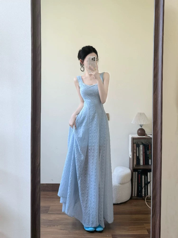 French style blue lace suspender dress female summer new style seaside –  Lee Nhi Boutique