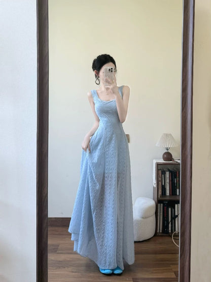 French style blue lace suspender dress female summer new style seaside holiday style unique beautiful long skirt