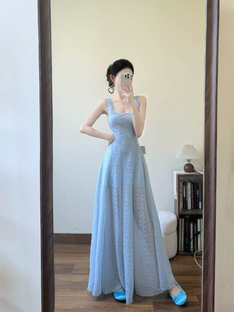 French style blue lace suspender dress female summer new style seaside   Lee Nhi Boutique