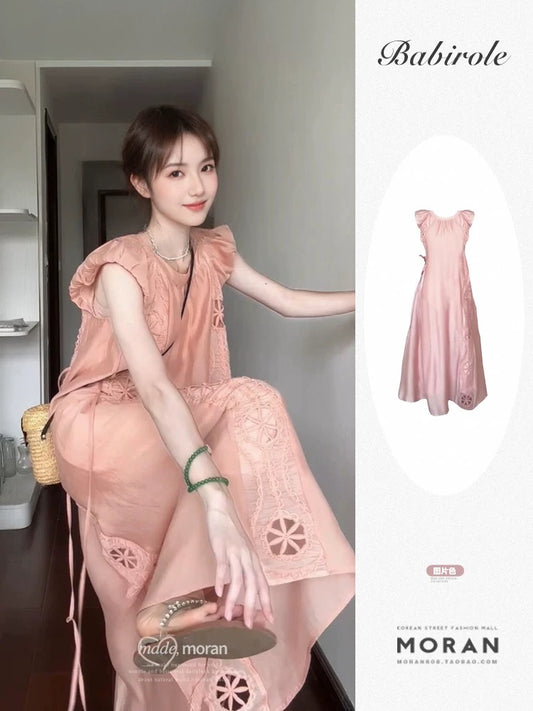 Tea break French style small flying sleeve dress summer women's clothing 2025 new style high-end temperament loose slim long skirt