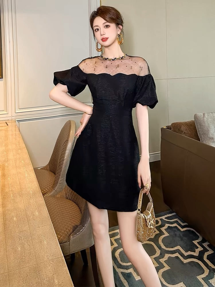 European station puff sleeve dress women's summer heavy industry diamond mesh splicing small waist A-line temperament short skirt
