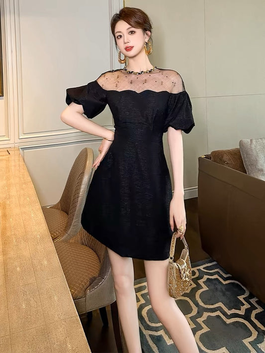 European station puff sleeve dress women's summer heavy industry diamond mesh splicing small waist A-line temperament short skirt