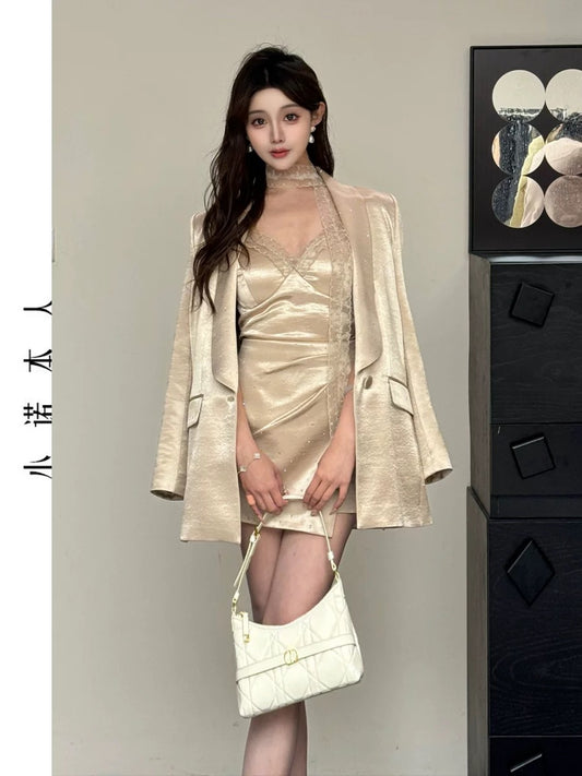 Xiaonuo's casual small suit for women 2025 spring style high-end satin suit skirt suit 25105