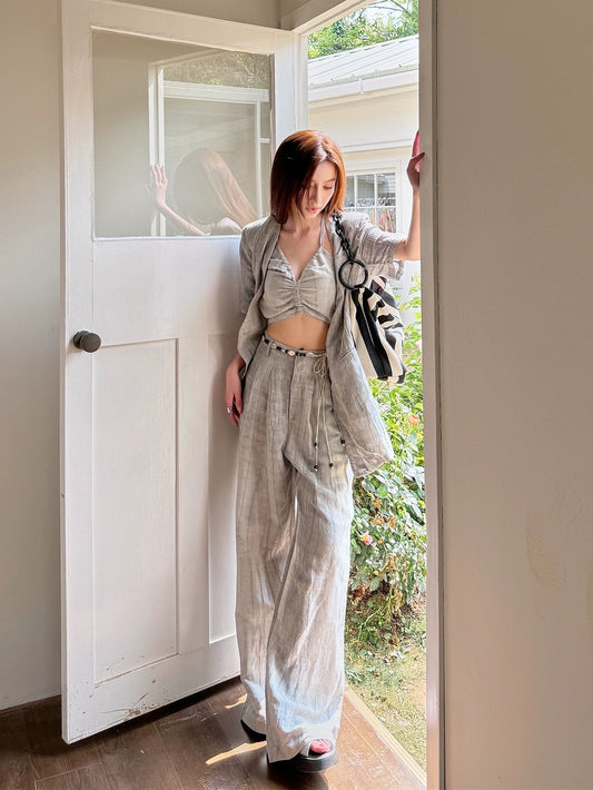 Light fabric tone summer sun protection short-sleeved jacket with suspenders texture casual thin cotton and linen wide-leg pants three-piece set for women