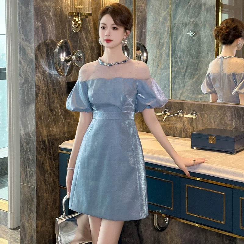 European station puff sleeve dress women's summer heavy industry diamond mesh splicing small waist A-line temperament short skirt