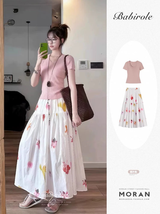 2025 summer new Korean style high waist slim holiday style printed patchwork half-length skirt big swing skirt umbrella skirt women's clothing