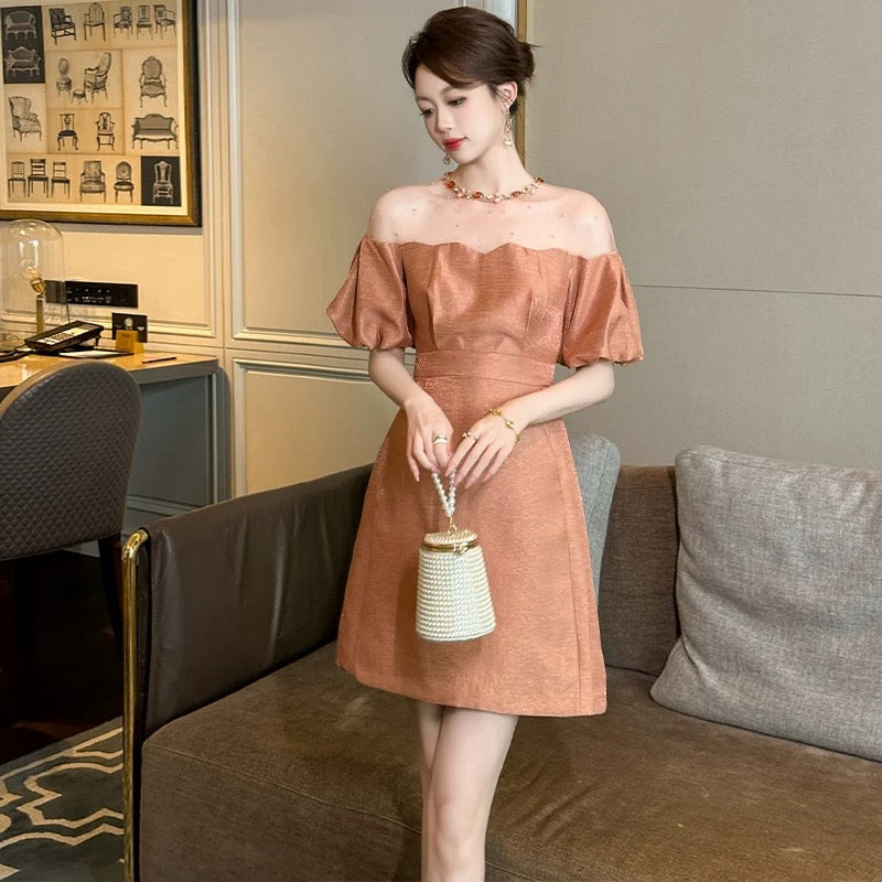 European station puff sleeve dress women's summer heavy industry diamond mesh splicing small waist A-line temperament short skirt
