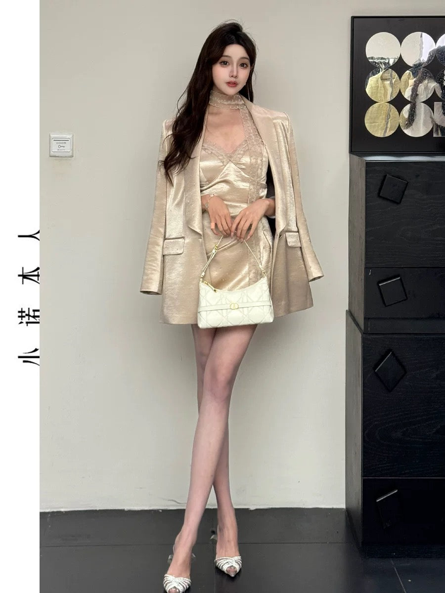 Xiaonuo's casual small suit for women 2025 spring style high-end satin suit skirt suit 25105