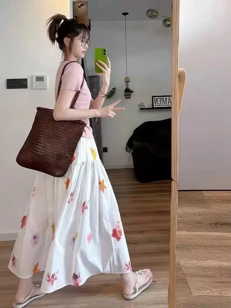 2025 summer new Korean style high waist slim holiday style printed patchwork half-length skirt big swing skirt umbrella skirt women's clothing