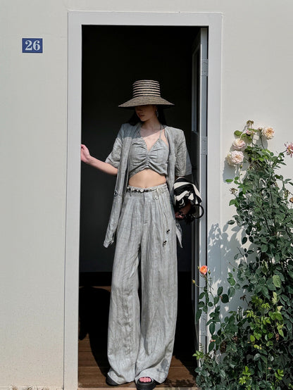 Light fabric tone summer sun protection short-sleeved jacket with suspenders texture casual thin cotton and linen wide-leg pants three-piece set for women