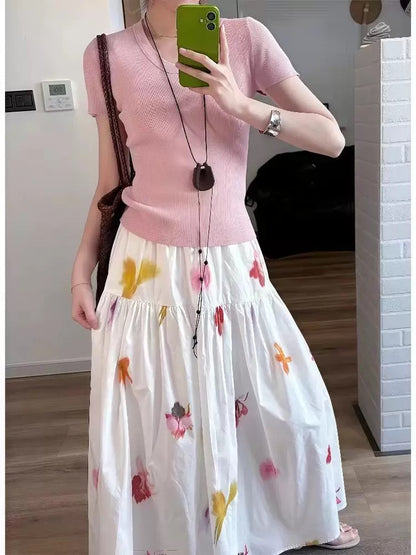 2025 summer new Korean style high waist slim holiday style printed patchwork half-length skirt big swing skirt umbrella skirt women's clothing