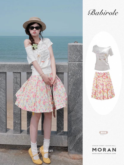 Summer beautiful outfit a complete set of white tops high waist floral skirt two piece suits small sweet