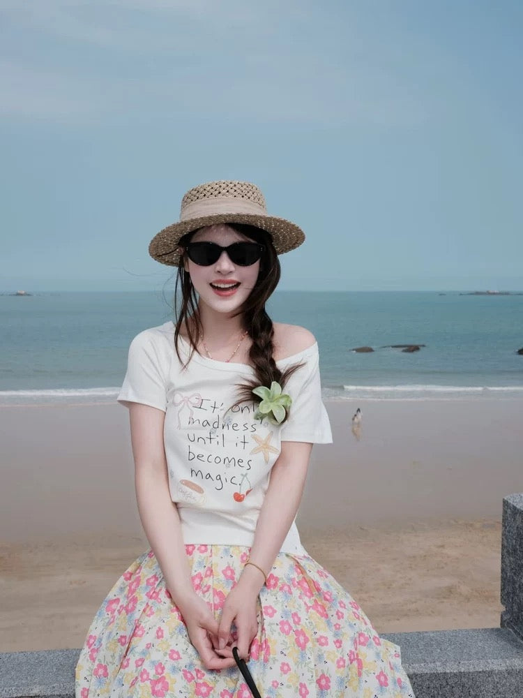 Summer beautiful outfit a complete set of white tops high waist floral skirt two piece suits small sweet