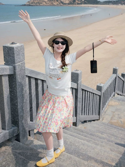 Summer beautiful outfit a complete set of white tops high waist floral skirt two piece suits small sweet