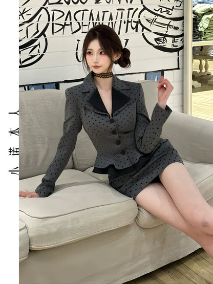 Xiaonuo's own polka dot patchwork suit suit 2025 spring high-end temperament waist slimming hip skirt 25125