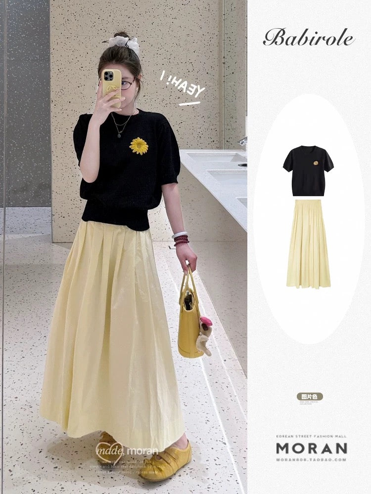 Korean summer beautiful outfit a complete set of black short-sleeved knitted tops and yellow half-length skirt two-piece suit