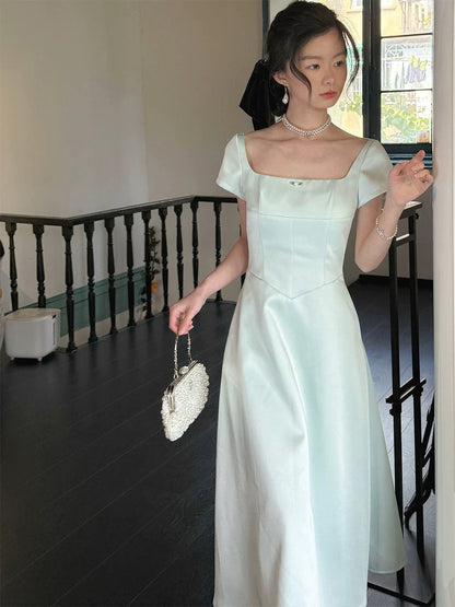 Wind and smoke / mint soft satin original French satin dress mint green waist slim square neck suspender long dress