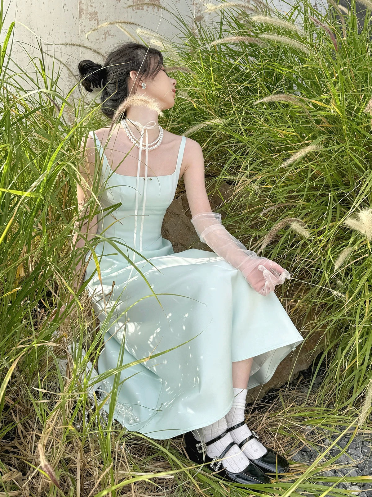 Wind and smoke / mint soft satin original French satin dress mint green waist slim square neck suspender long dress