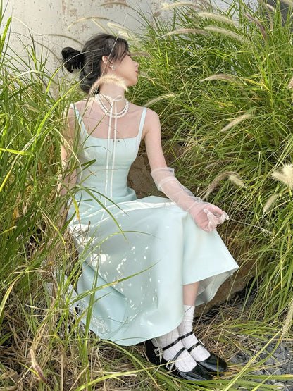 Wind and smoke / mint soft satin original French satin dress mint green waist slim square neck suspender long dress