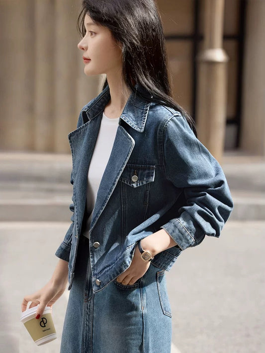Mohan Yimei casual loose versatile fashion lapel workwear denim jacket 2025 spring new denim jacket