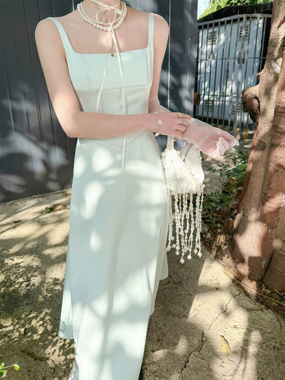 Wind and smoke / mint soft satin original French satin dress mint green waist slim square neck suspender long dress