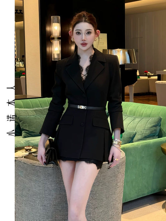 Xiaonuo's high-end suit skirt 2025 spring style waist slimming mid-length spliced lace jacket 2541