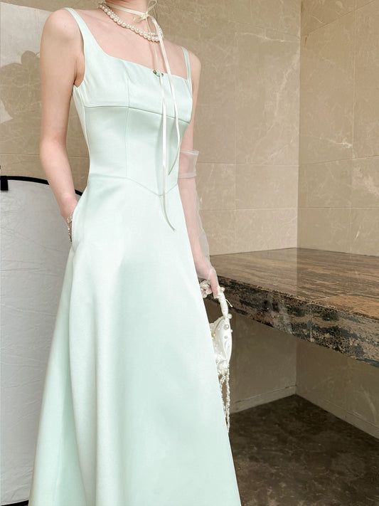 Wind and smoke / mint soft satin original French satin dress mint green waist slim square neck suspender long dress