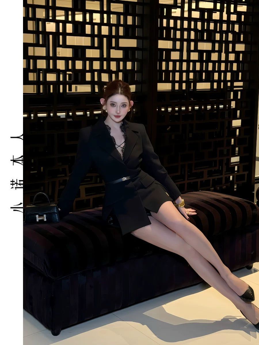 Xiaonuo's high-end suit skirt 2025 spring style waist slimming mid-length spliced lace jacket 2541