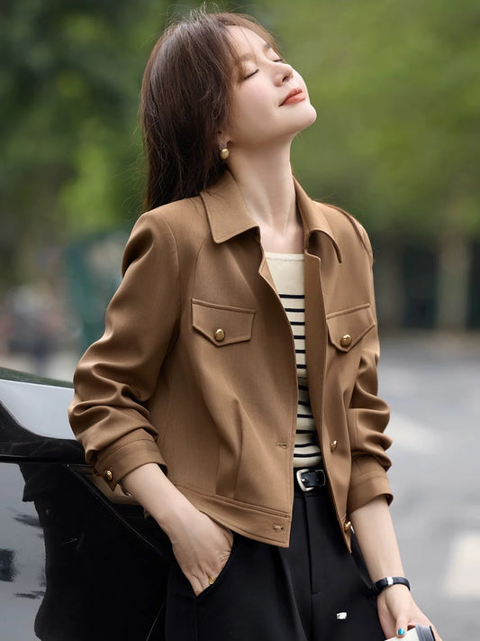 Mohan Yimei urban casual versatile fashion lapel workwear jacket 2025 spring new temperament coat women