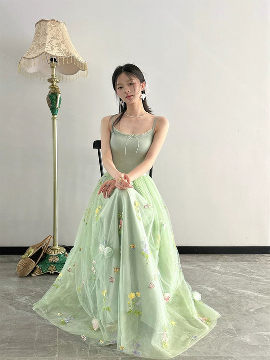 Wind and Smoke/Spring is Coming Original Bean Green Heavy Industry 3-meter swing Three-layer mesh ballet-feeling puffy long skirt for women