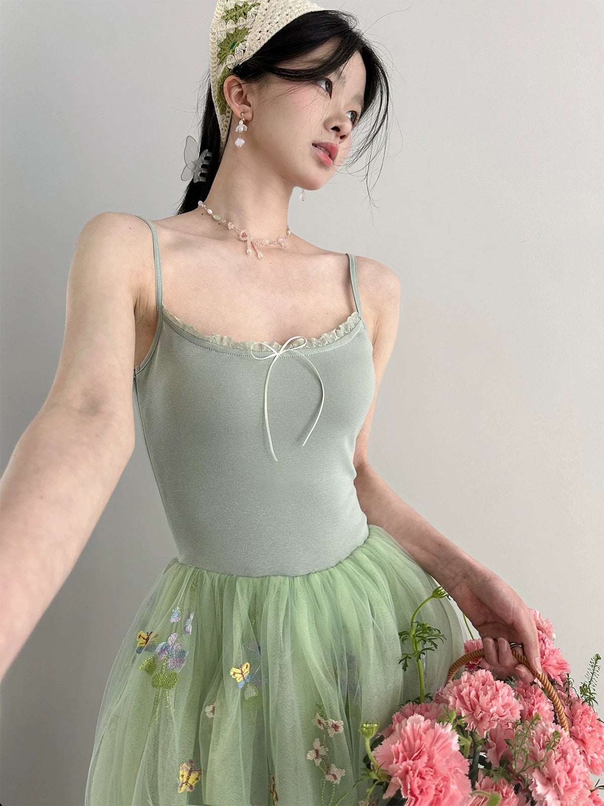 Wind and Smoke/Spring is Coming Original Bean Green Heavy Industry 3-meter swing Three-layer mesh ballet-feeling puffy long skirt for women