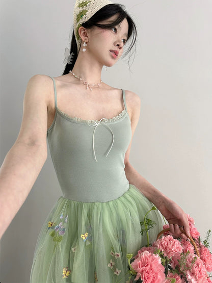 Wind and Smoke/Spring is Coming Original Bean Green Heavy Industry 3-meter swing Three-layer mesh ballet-feeling puffy long skirt for women