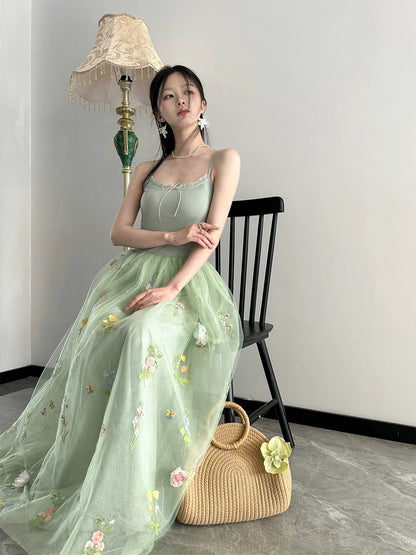 Wind and Smoke/Spring is Coming Original Bean Green Heavy Industry 3-meter swing Three-layer mesh ballet-feeling puffy long skirt for women