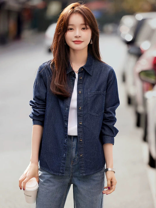 Mohan Yimei retro washed denim shirt thin jacket 2025 autumn new shirt temperament women's top