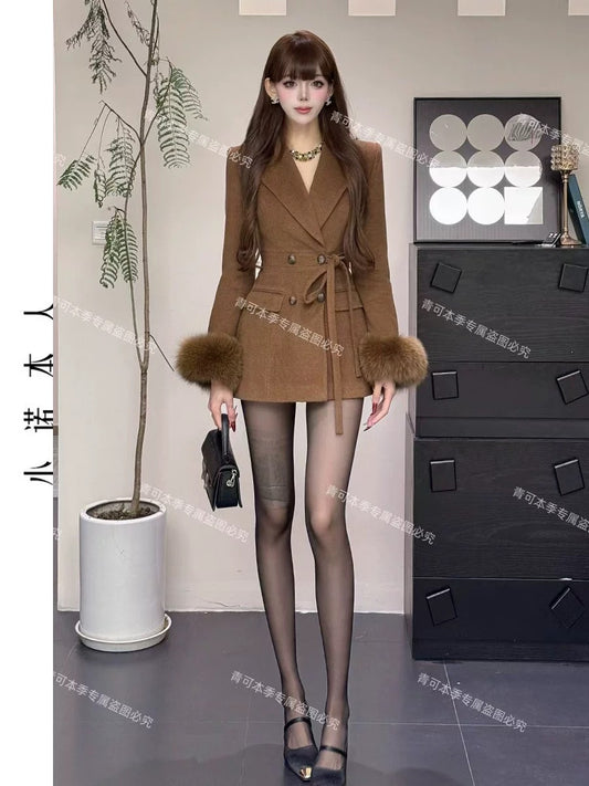 Xiaonuo's own high-end woolen jacket new fashion, exquisite, light luxury, slimming lace-up short woolen jacket 24962