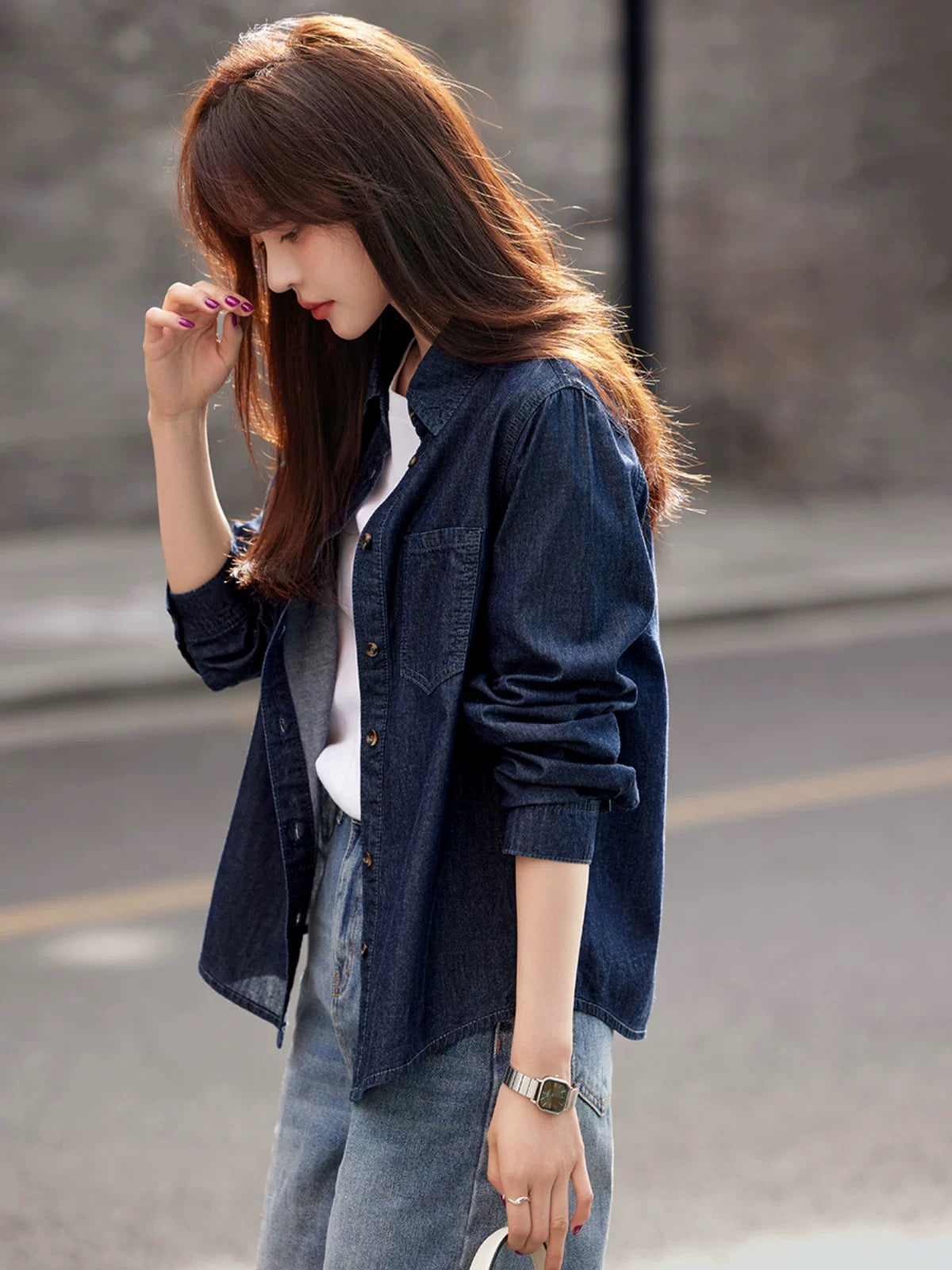 Mohan Yimei retro washed denim shirt thin jacket 2025 autumn new shirt temperament women's top
