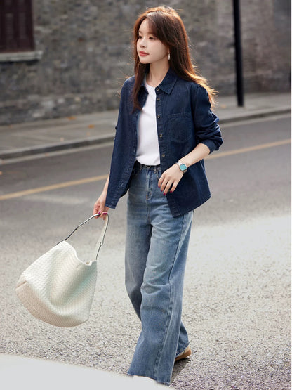 Mohan Yimei retro washed denim shirt thin jacket 2025 autumn new shirt temperament women's top