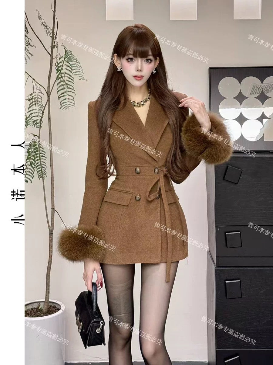 Xiaonuo's own high-end woolen jacket new fashion, exquisite, light luxury, slimming lace-up short woolen jacket 24962