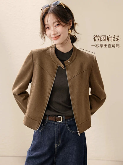 Mohan Yimei New York City Motorcycle Style PU Leather Jacket 2025 Autumn New Wide Shoulder Super Soft Faux Suede Jacket Women