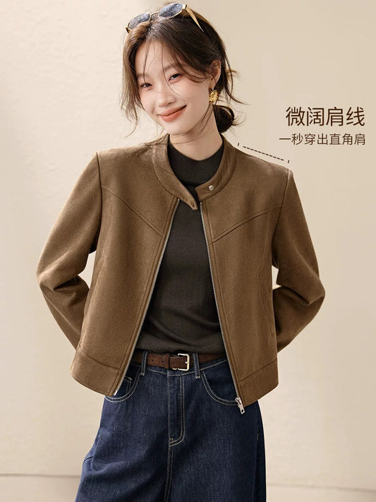 Mohan Yimei New York City Motorcycle Style PU Leather Jacket 2025 Autumn New Wide Shoulder Super Soft Faux Suede Jacket Women