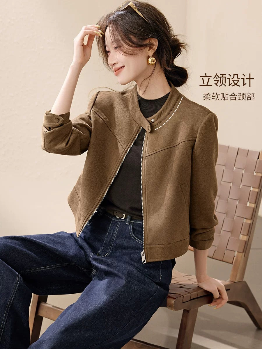 Mohan Yimei New York City Motorcycle Style PU Leather Jacket 2025 Autumn New Wide Shoulder Super Soft Faux Suede Jacket Women